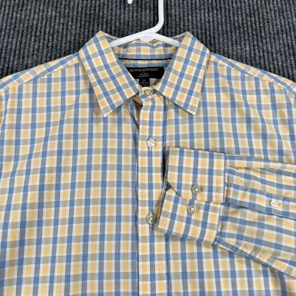 Banana Republic Shirt Mens Medium Yellow Blue Plaid‎ Button Up Tailored Fit